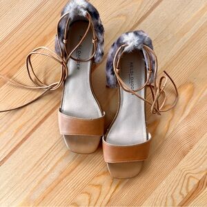 Kelsi Dagger Tan and Gray Heels with Chunky Heel and Ankle Straps